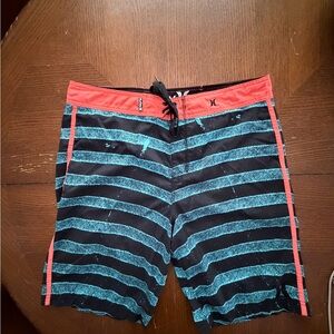 Hurley Men's Black and Teal Striped Board Shorts